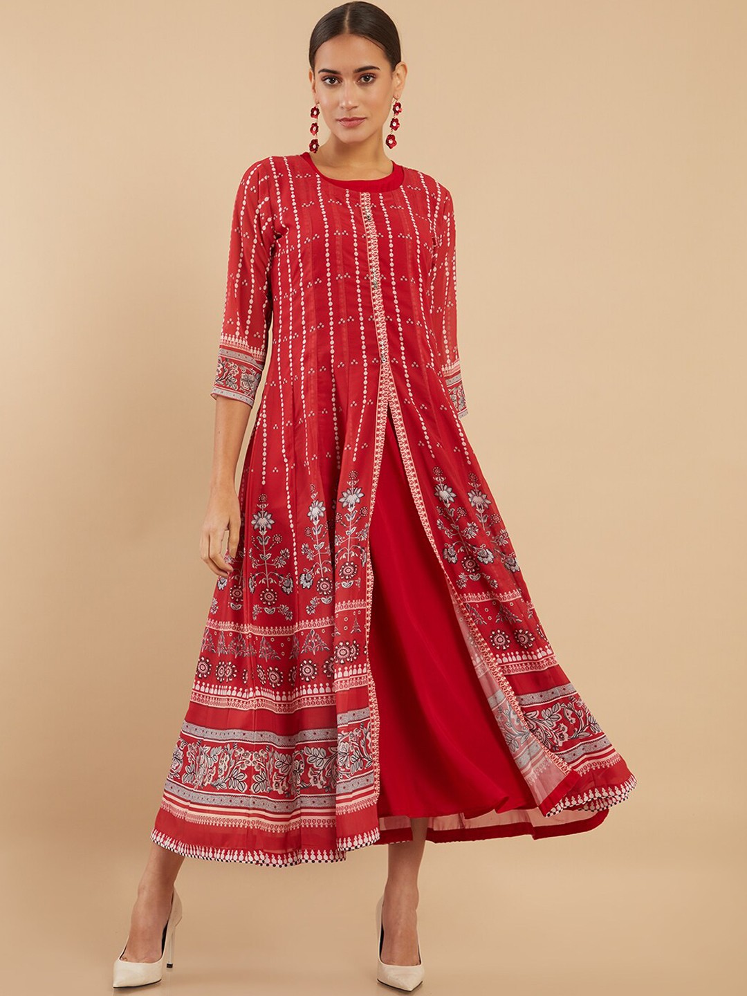 

Soch Women Red & White Ethnic Motifs Printed Georgette Anarkali Kurta