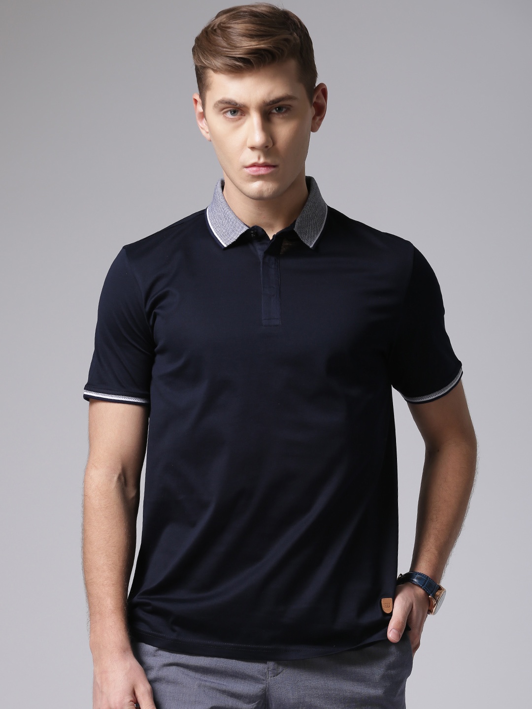 

True Blue Men Navy Blue Polo Pure Cotton T-shirt