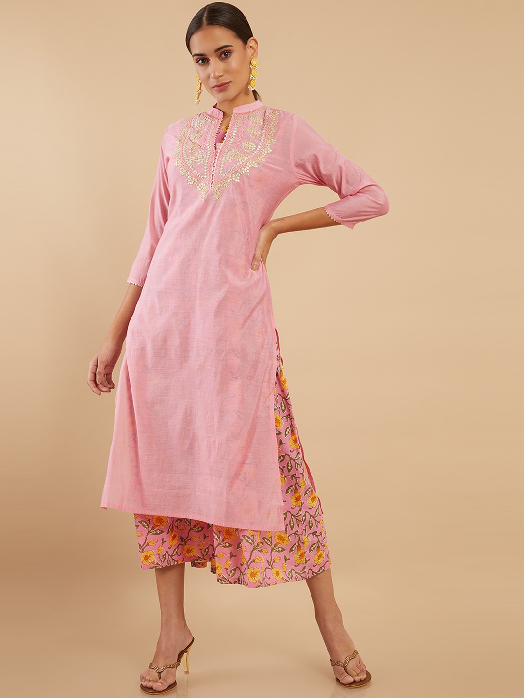 

Soch Women Pink Ethnic Motifs Yoke Design Chanderi Silk Kurta