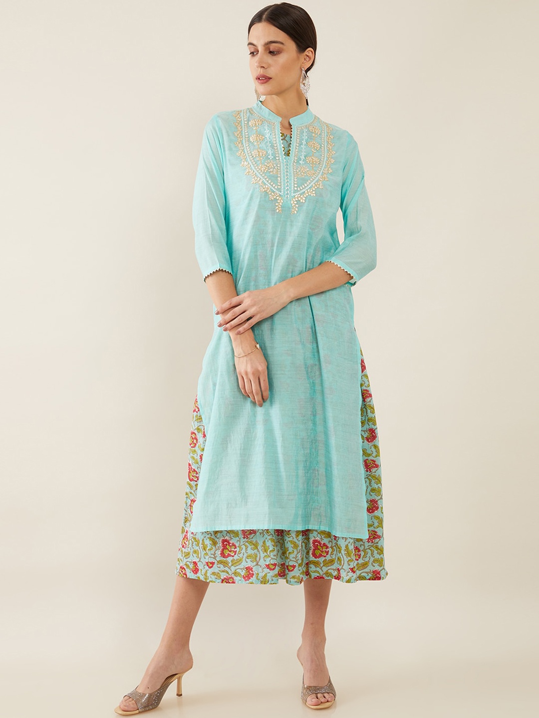 

Soch Women Blue Paisley Embroidered Layered Chanderi Silk Kurta