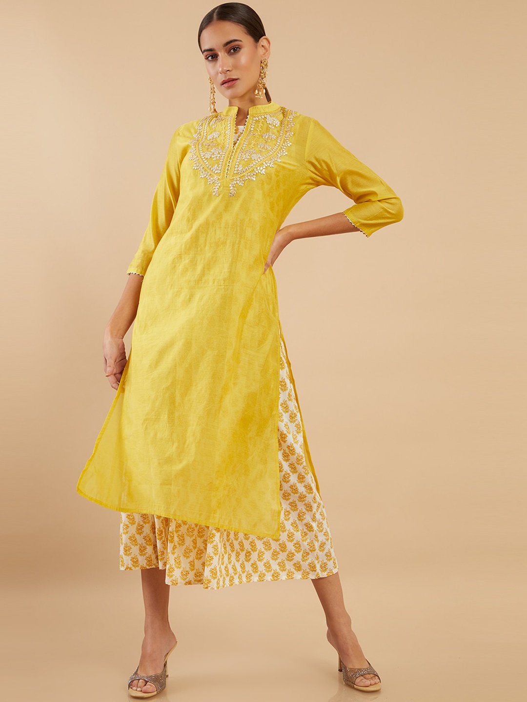 

Soch Women Mustard Yellow Ethnic Motifs Embroidered Chanderi Silk Kurta