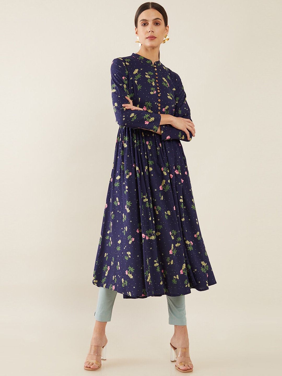 

Soch Women Blue Dyed Cold-Shoulder Sleeves Thread Work Anarkali Kurta