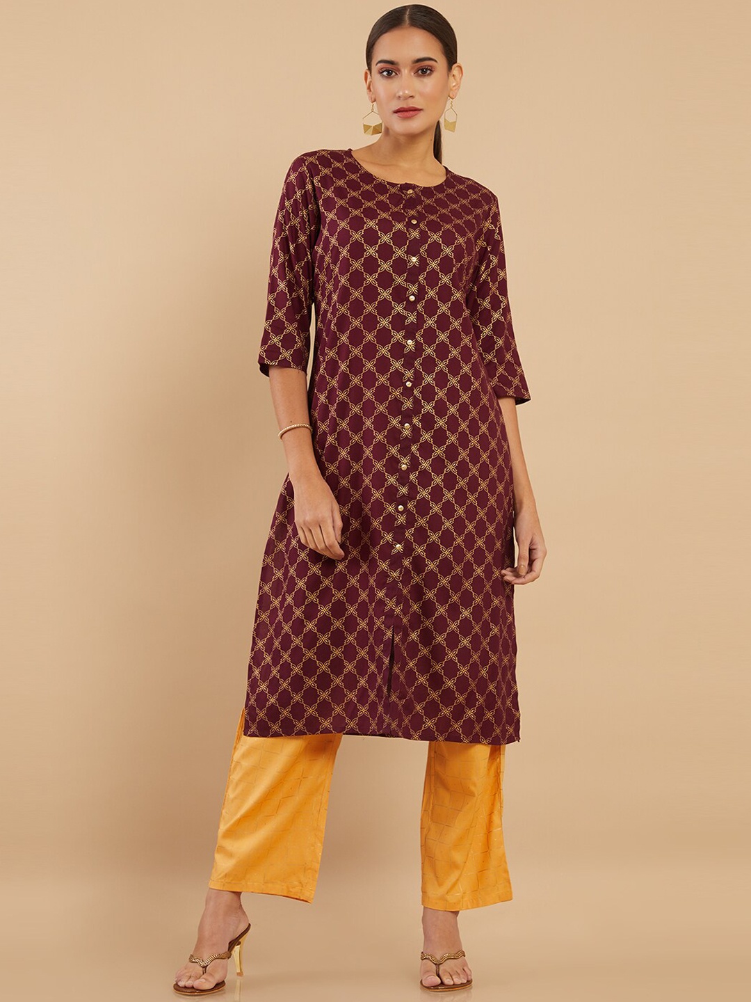 

Soch Burgundy Floral Printed Kurta with Trousers