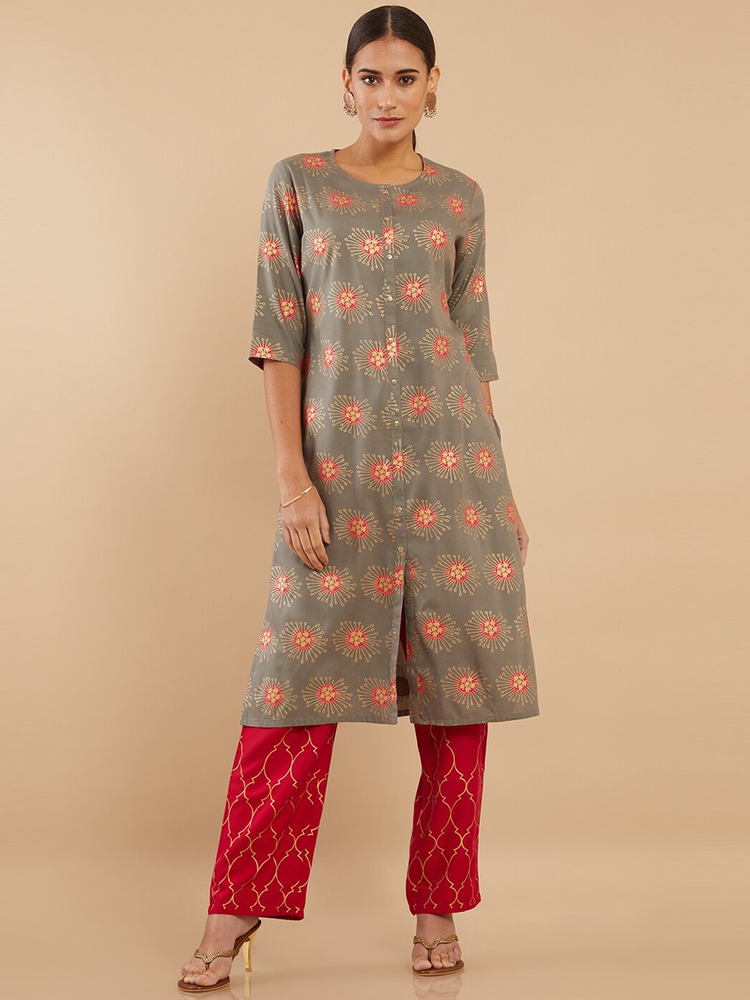 

Soch Women Grey Ethnic Motifs Printed Kurta with Trousers