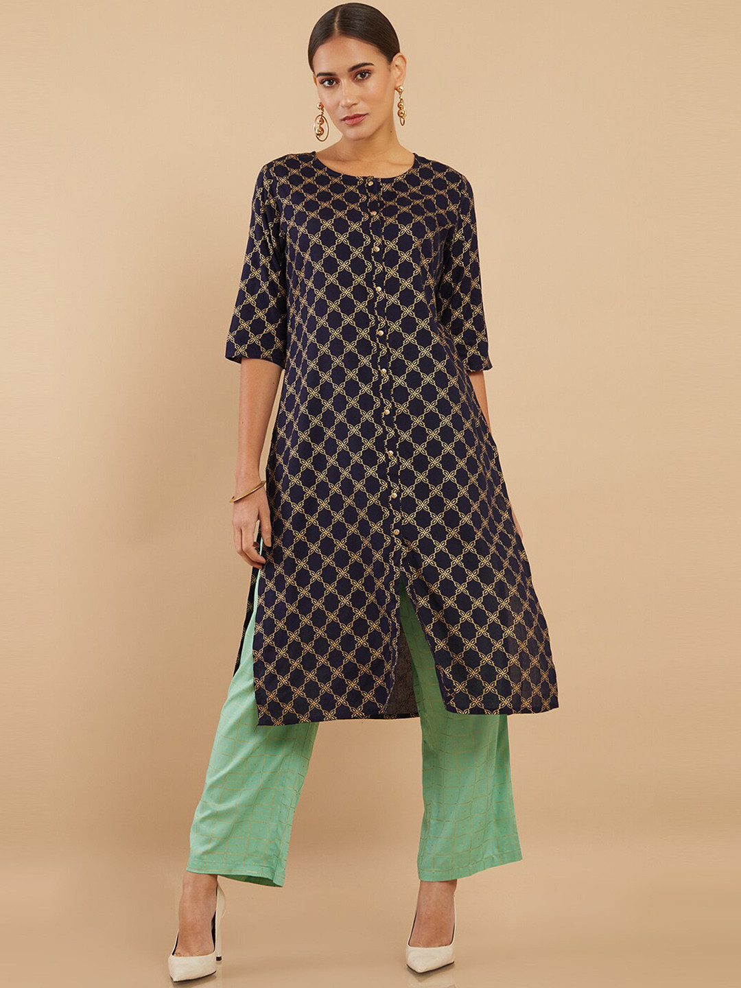 

Soch Women Navy Blue Printed Kurta with Trousers