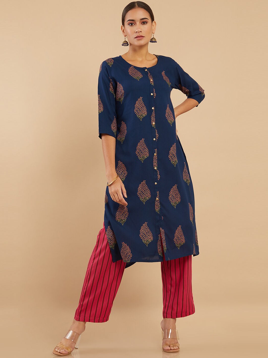 

Soch Women Navy Blue Ethnic Motifs Printed Kurta with Trousers