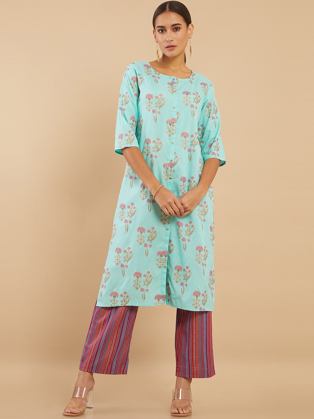 

Soch Blue & Purple Floral Printed Kurta With Trousers