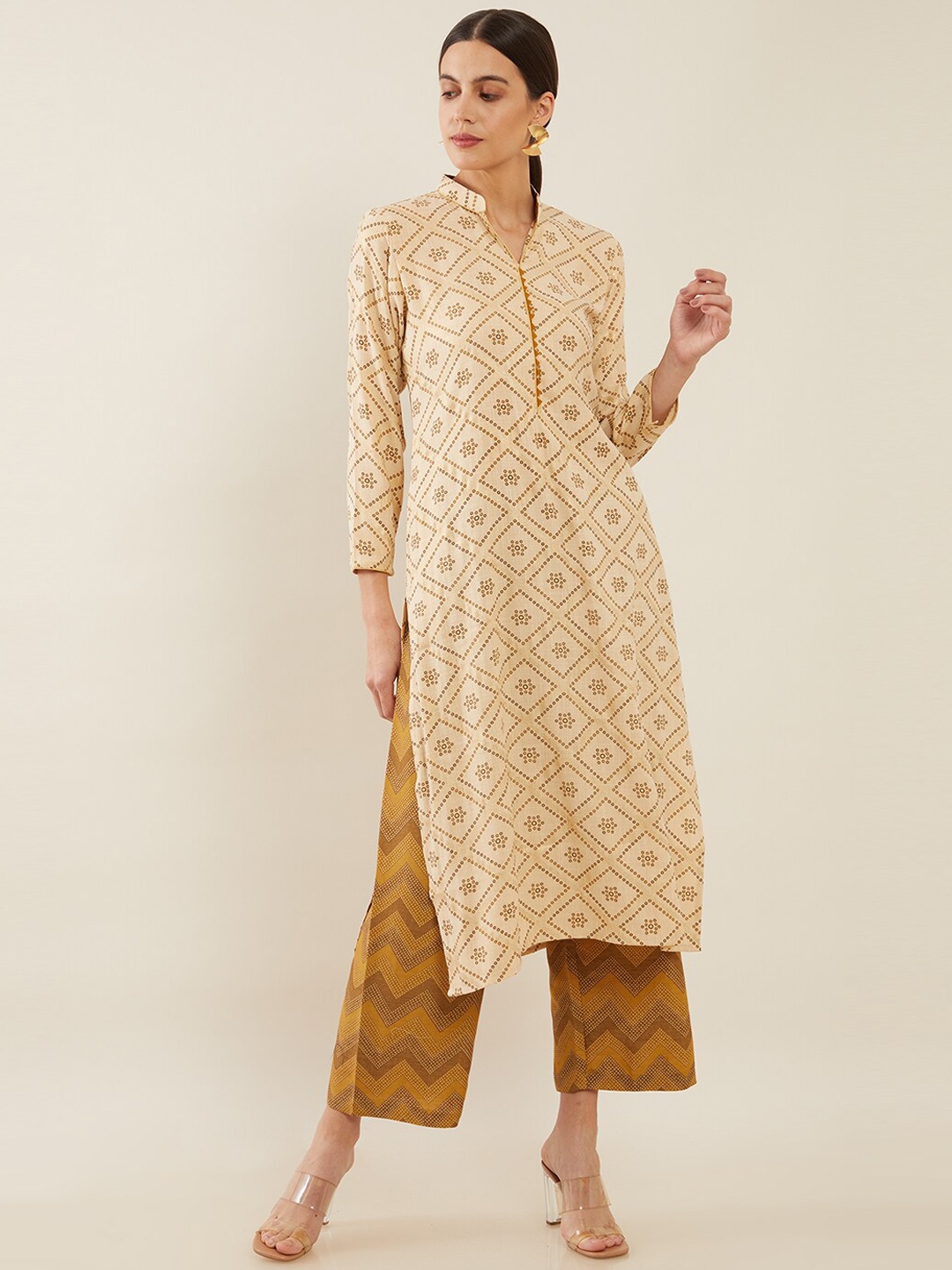 

Soch Women Beige Ethnic Motifs Printed Pure Cotton Kurta with Palazzos