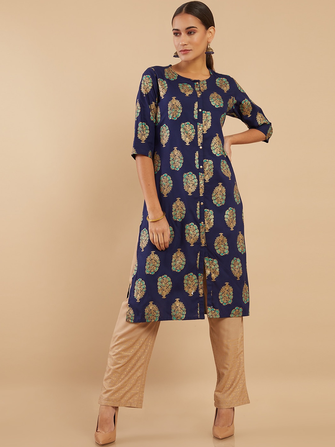 

Soch Women Navy Blue Floral Printed Kurta with Trousers