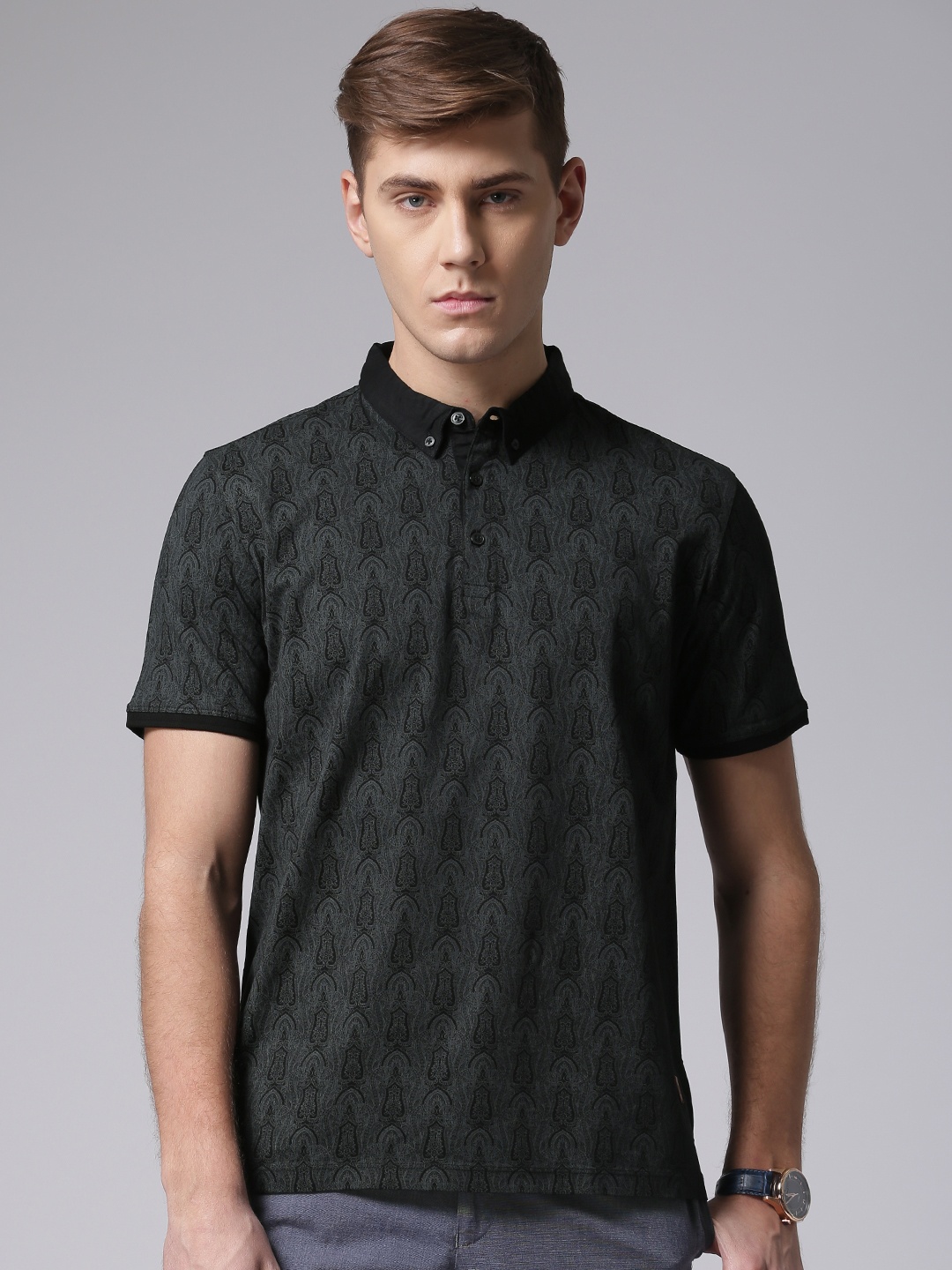 

True Blue Men Black Charcoal Grey Printed Polo Pure Cotton T-shirt