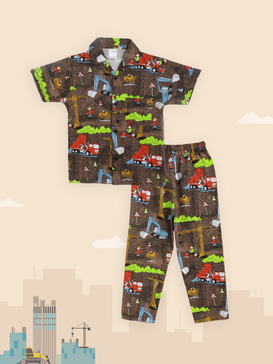 

NAUTI KIDZ Boys Brown & Lime Green Printed Pure Cotton Pyjamas Set