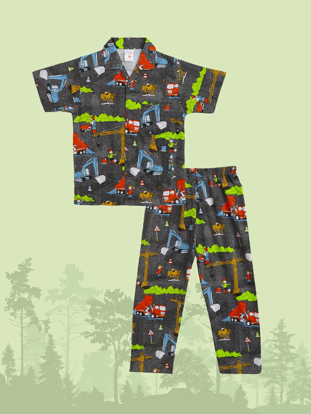 

NAUTI KIDZ Boys Charcoal Grey & Green Cotton Printed Pyjamas Set