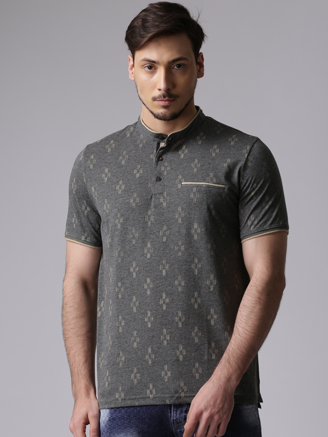 

True Blue Men Grey Melange Printed Henley T-shirt