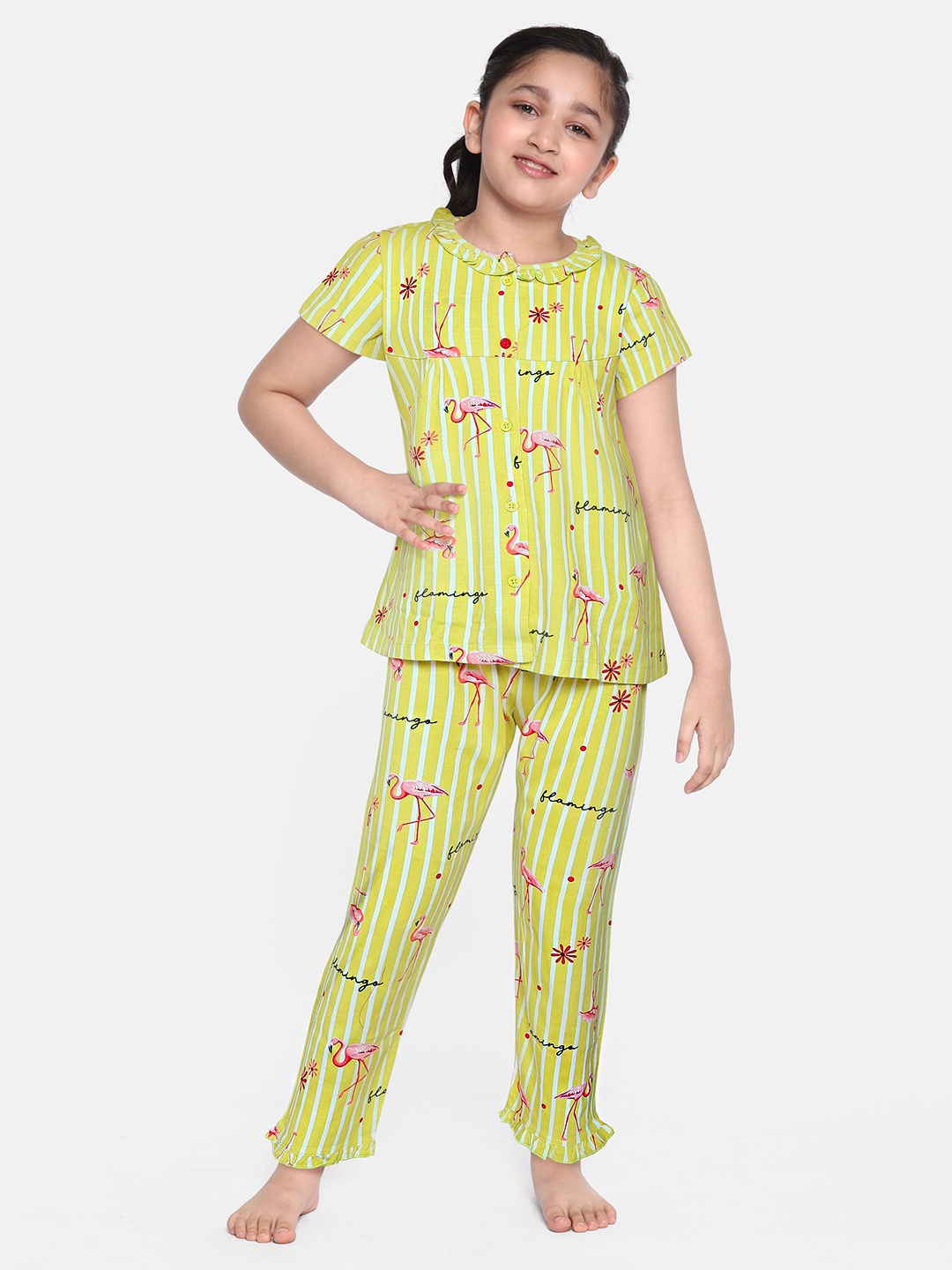 

NAUTI KIDZ Girls Lime Green & Pink Flamingo Print Pure Cotton Pyjamas Set