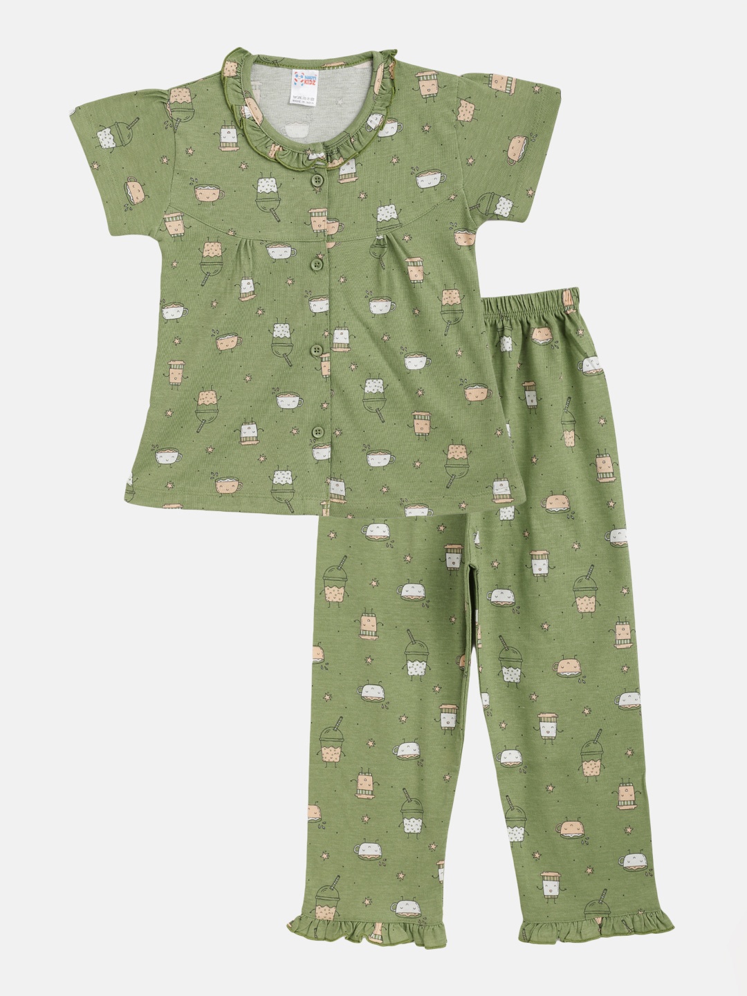 

NAUTI KIDZ Girls Olive Green & White Pure Cotton Conversational Printed Pyjamas Set