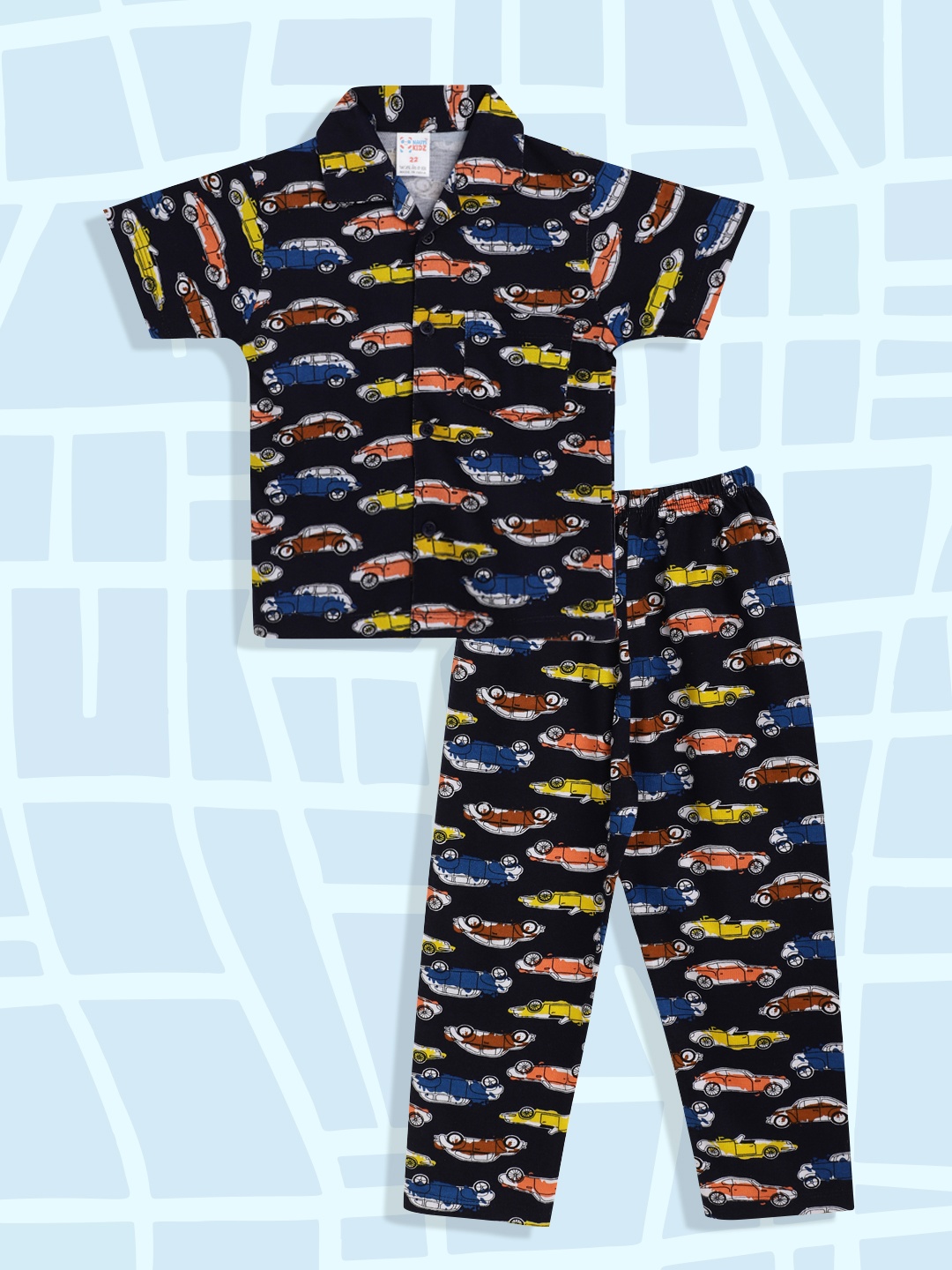 

NAUTI KIDZ Boys Navy Blue & Yellow Cotton Car Print Pyjamas Set