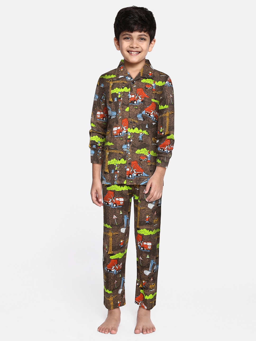 

NAUTI KIDZ Boys Brown & Green Printed Pure Cotton Night suit
