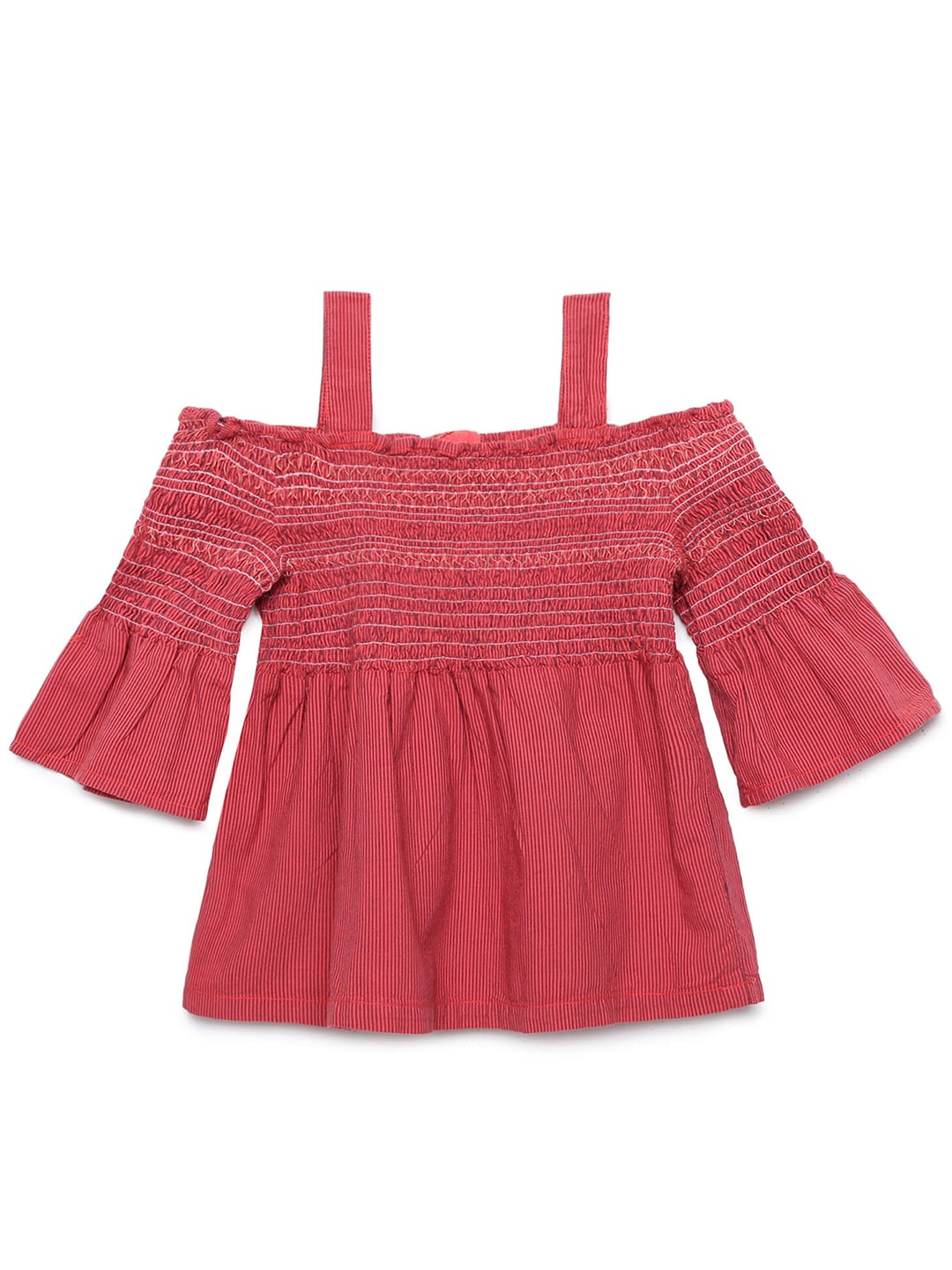 

UNDER FOURTEEN ONLY Girls Red Striped Smocked Pure Cotton A-line Top