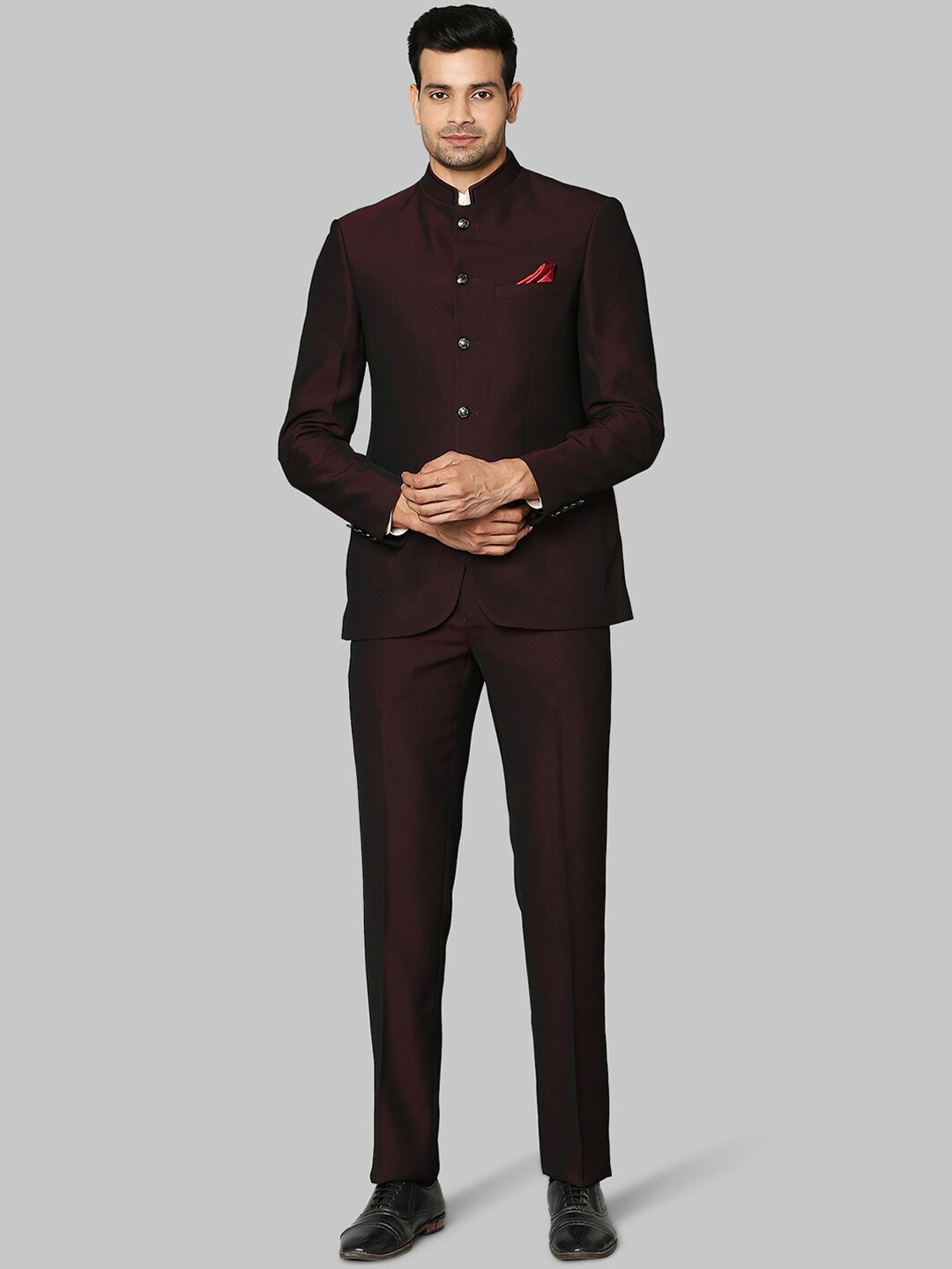 

Raymond Men Burgundy Self-Design Bandhgala 2-Piece Formal Suit