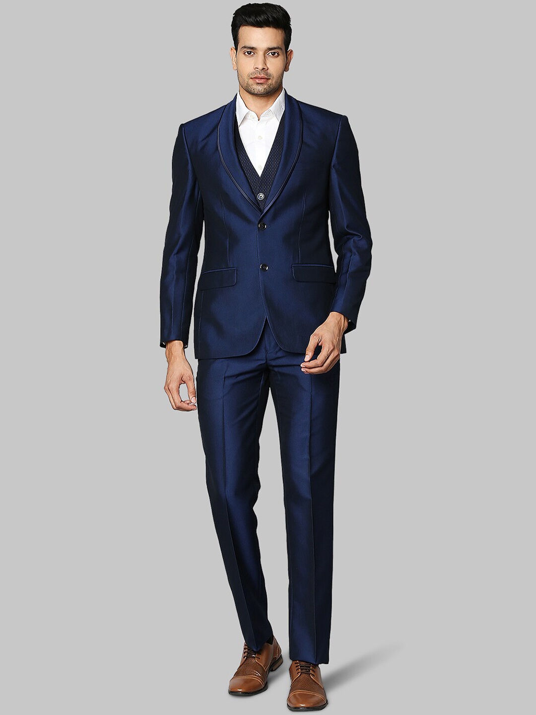 

Raymond Dark Blue Solid 3 Piece Slim Fit Formal Tuxedo Suit