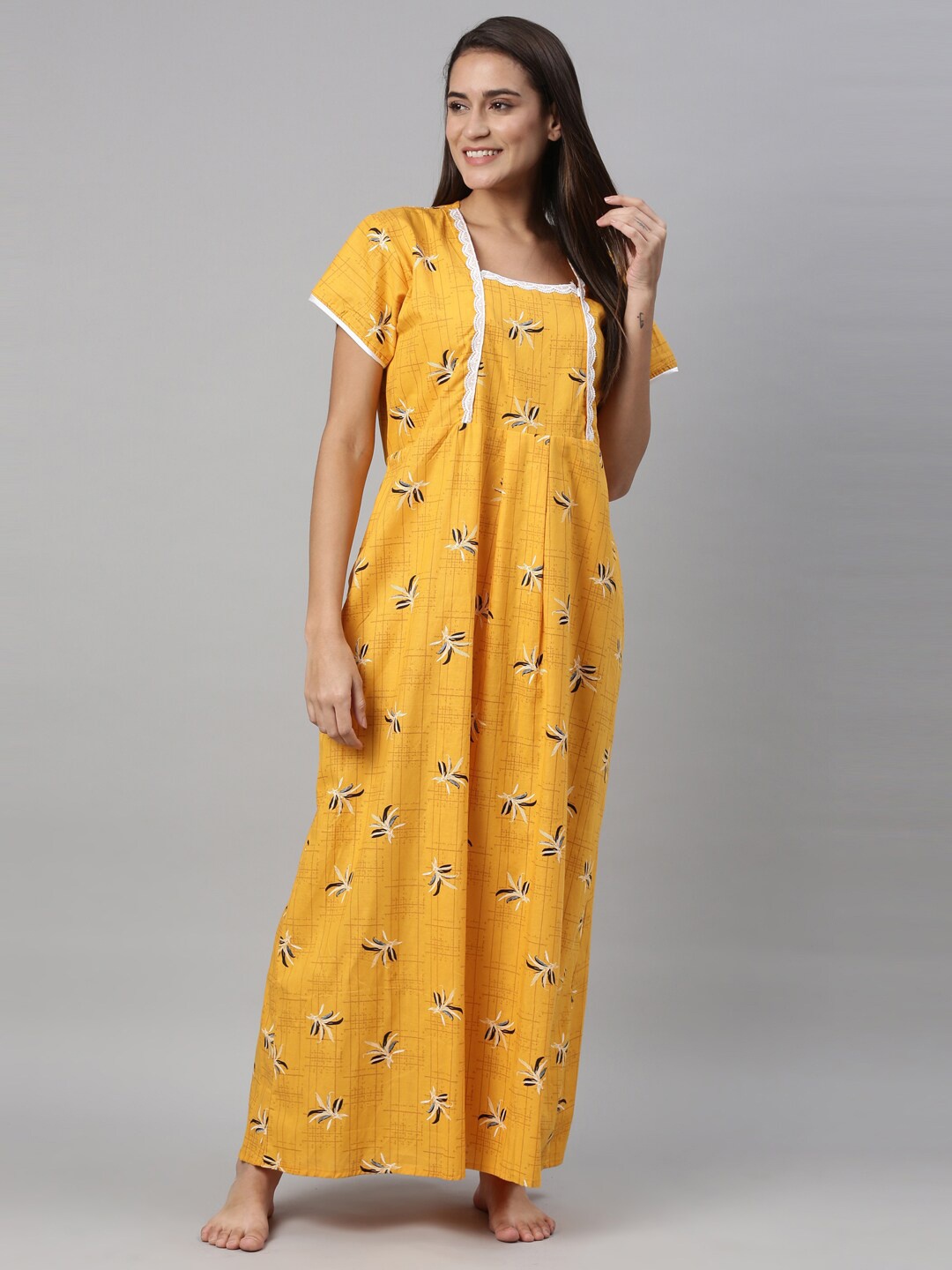 

TRUNDZ Yellow Printed Maxi Nightdress