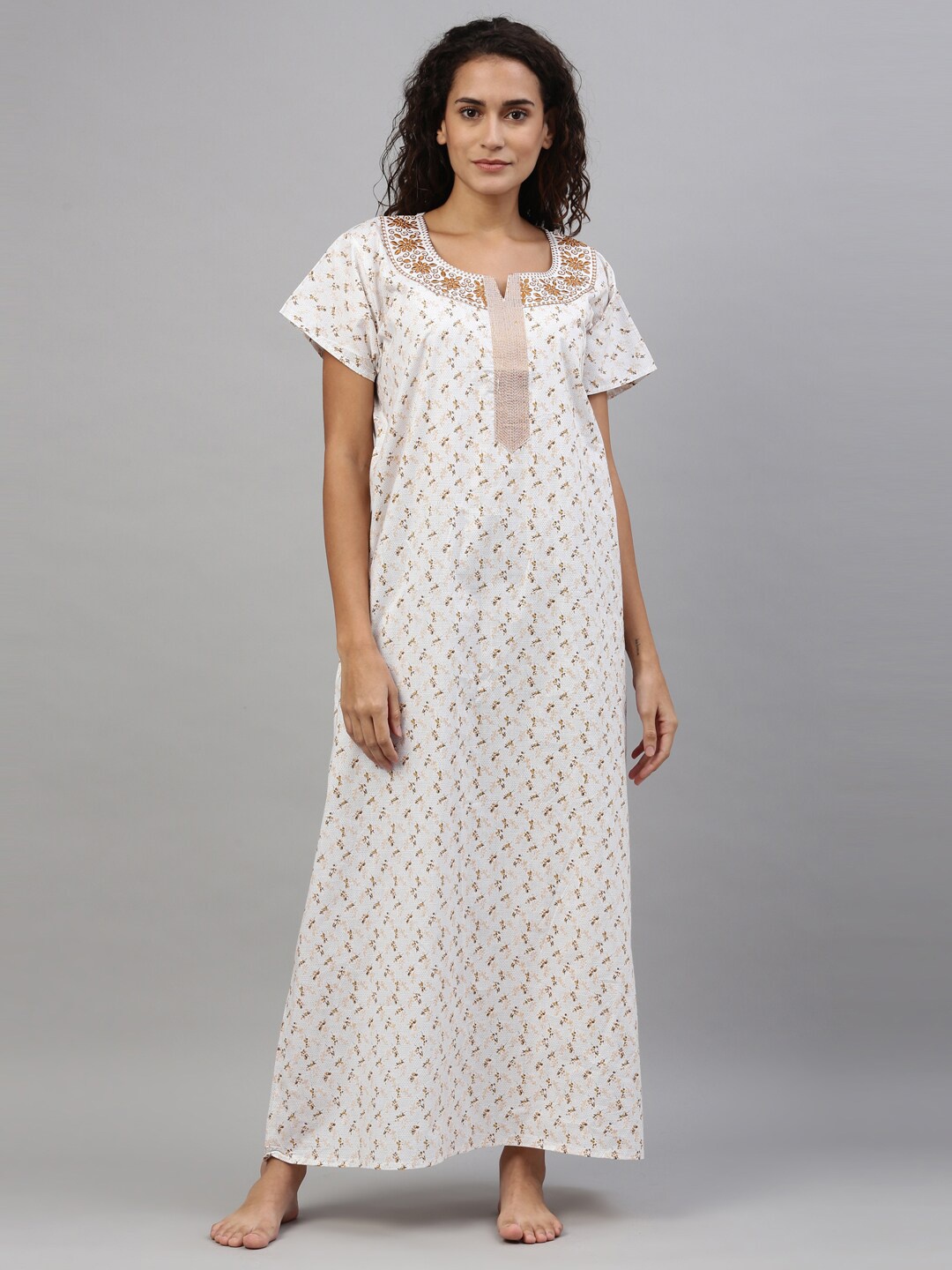 

TRUNDZ White Printed Cotton Maxi Nightdress