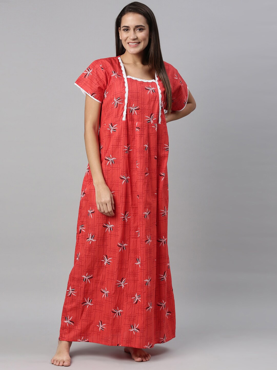

TRUNDZ Red & White Printed Organic Cotton Maxi Nightdress