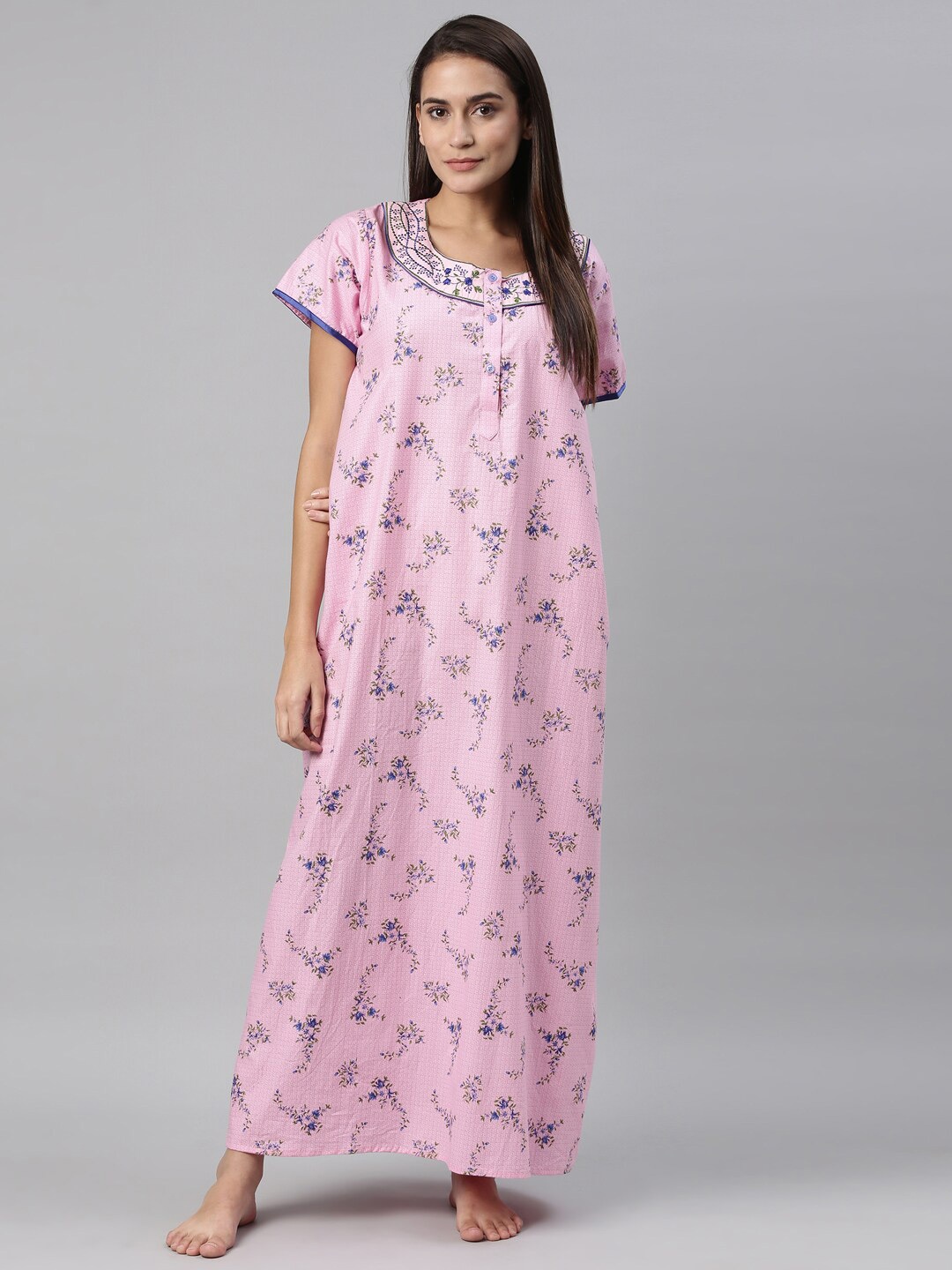 

TRUNDZ Pink Printed Cotton Maxi Nightdress