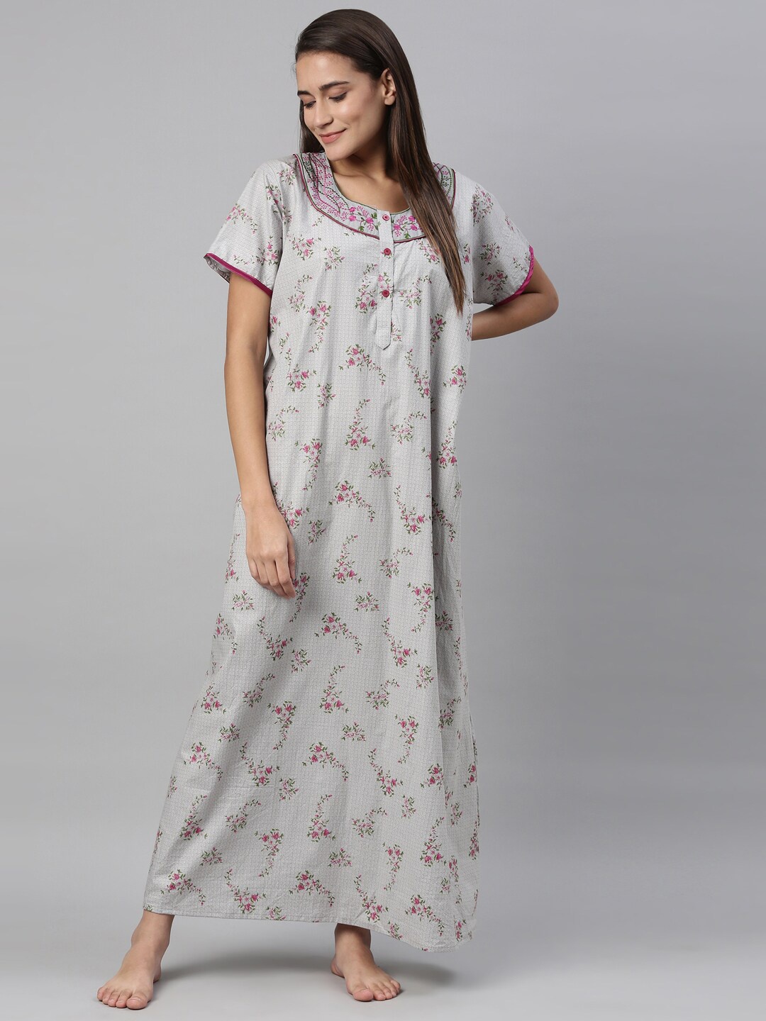 

TRUNDZ Grey Printed Organic Cotton Maxi Nightdress