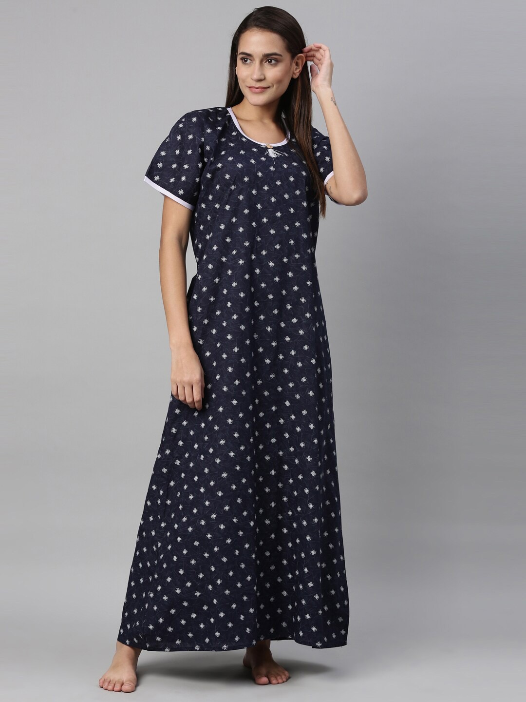 

TRUNDZ Navy Blue Printed Organic Cotton Maxi Nightdress