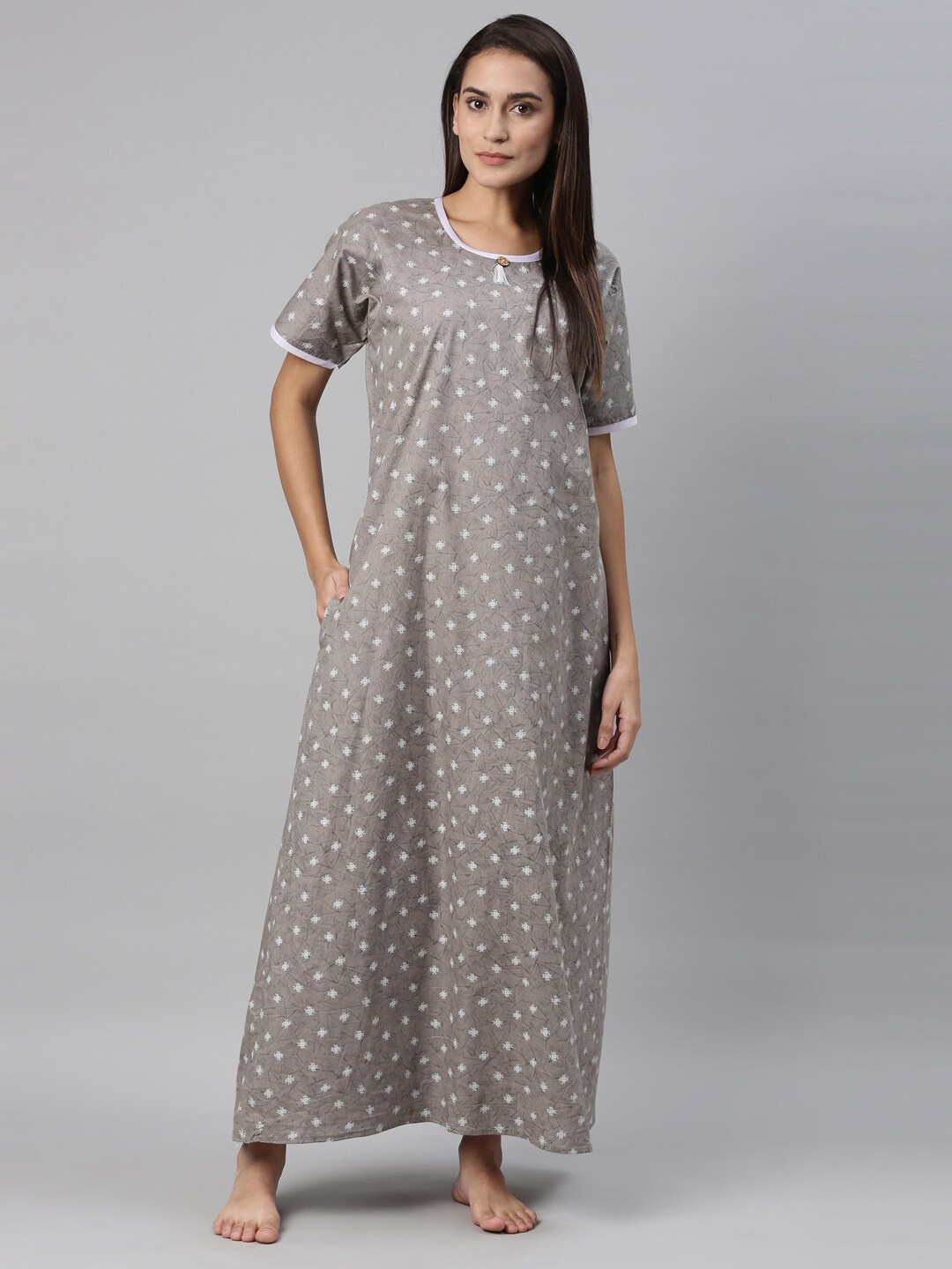 

TRUNDZ Grey & White Printed Organic Cotton Maxi Nightdress