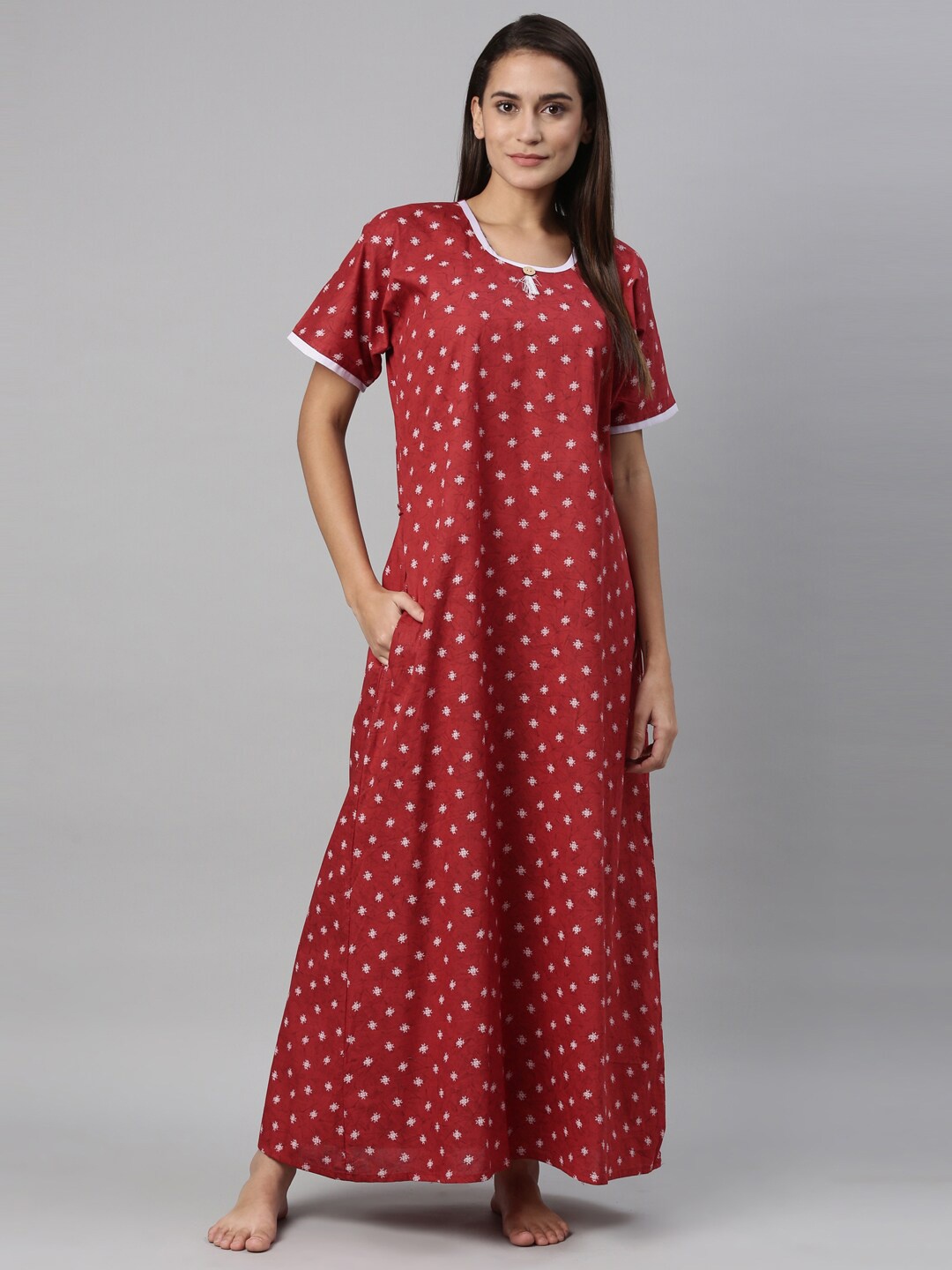 

TRUNDZ Maroon Printed Cotton Maxi Nightdress