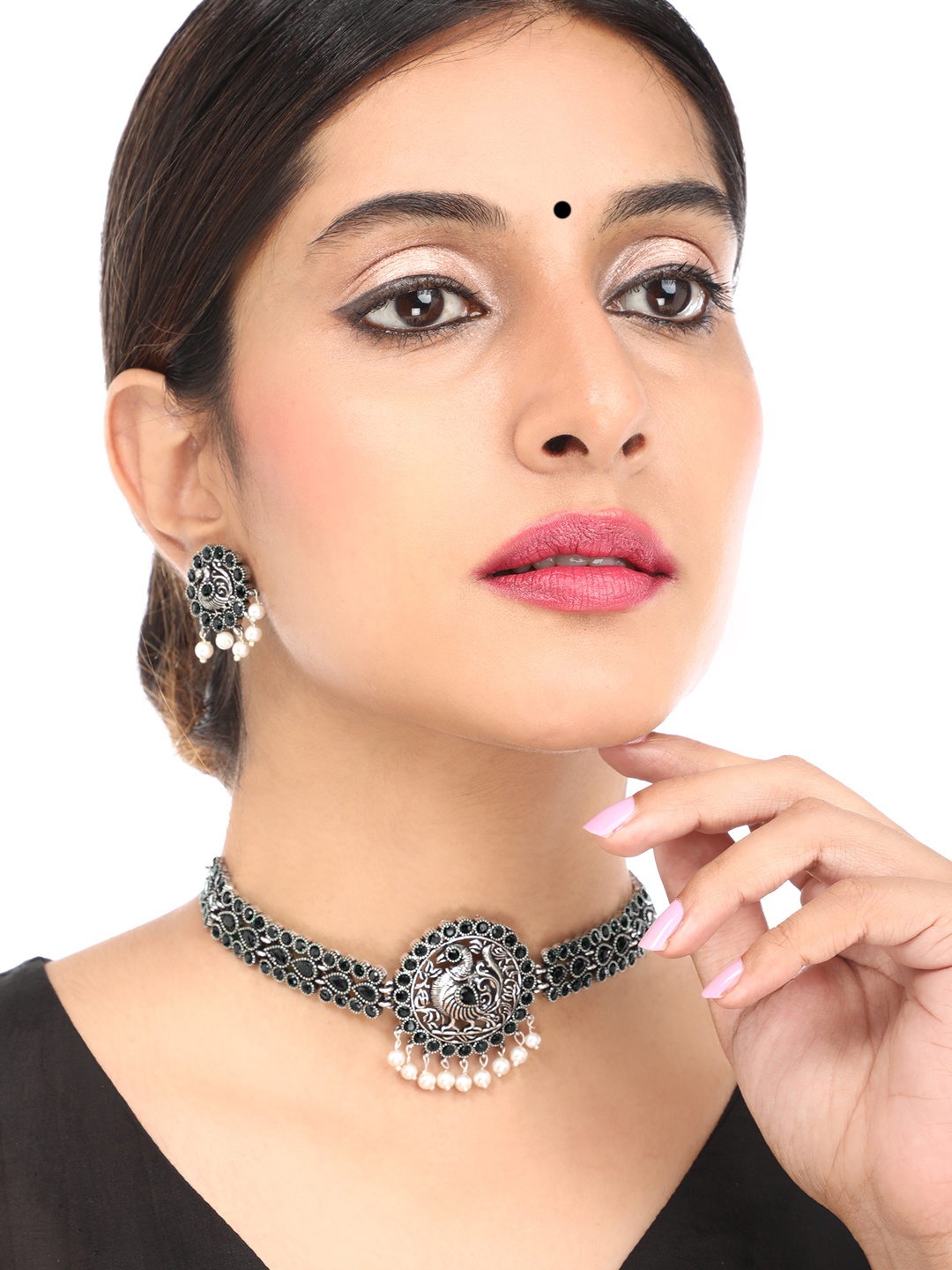 

Yellow Chimes Oxidised Silver-Toned & Black Stone-Studded Beaded Jewellery Set