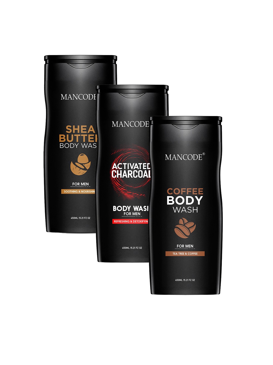 

MANCODE Pack of 3 Shea Butter, Charcoal & Coffee Body Wash-450ml each, Black