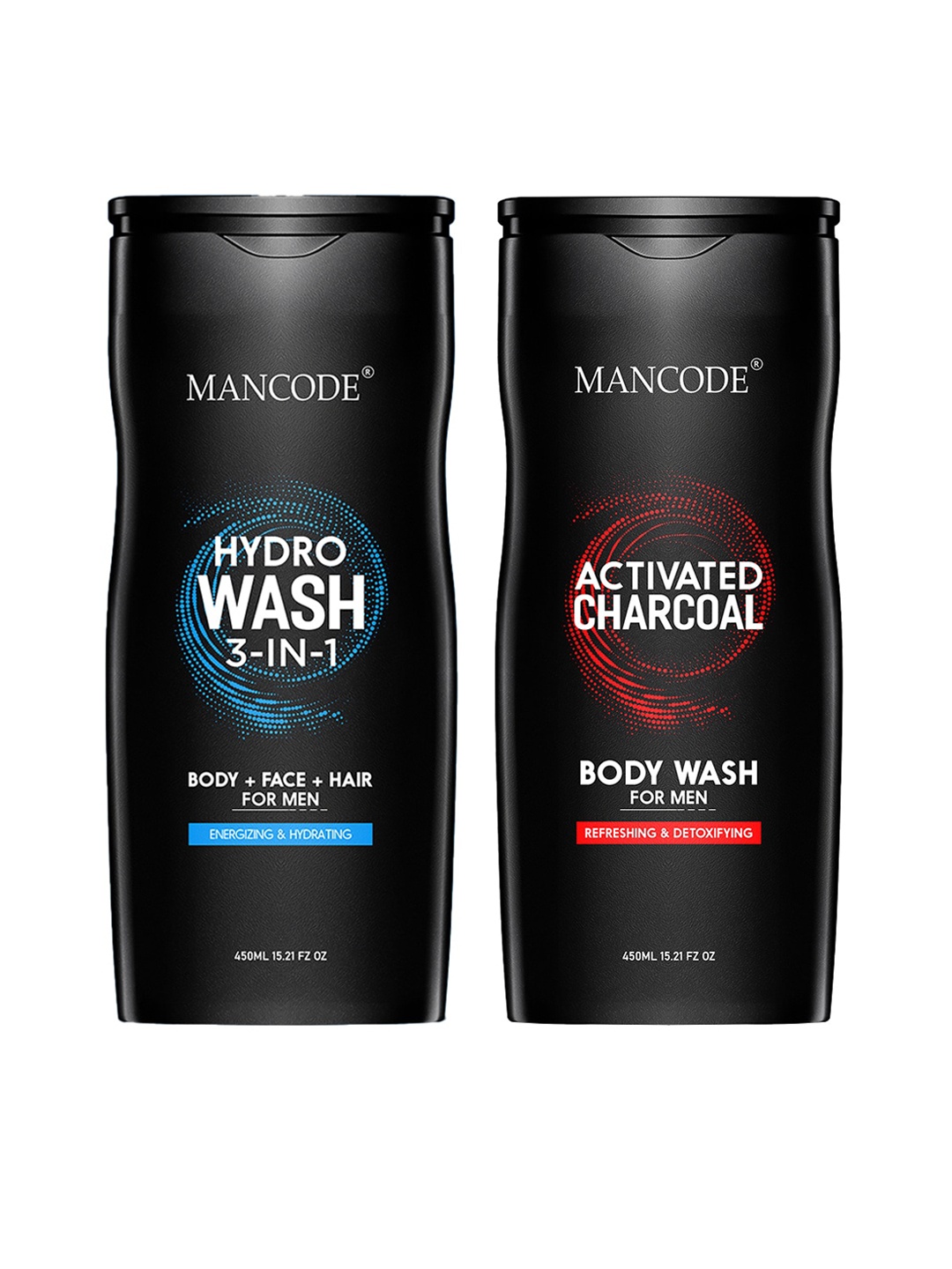 

MANCODE Pack of 2 Hydro 3 In 1 & Activated Charcoal Body Wash - 450ml Each, Black