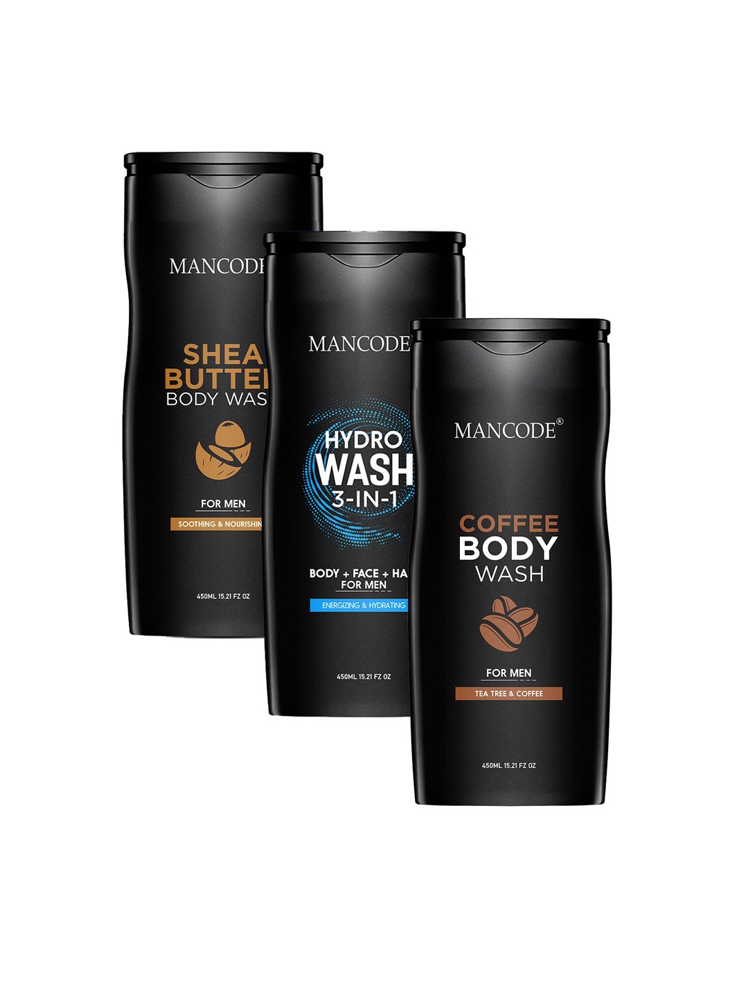 

MANCODE Men Set Of 3 Shea Butter, Hydro (3 IN 1) & Coffee Body Wash, 450ml, Black