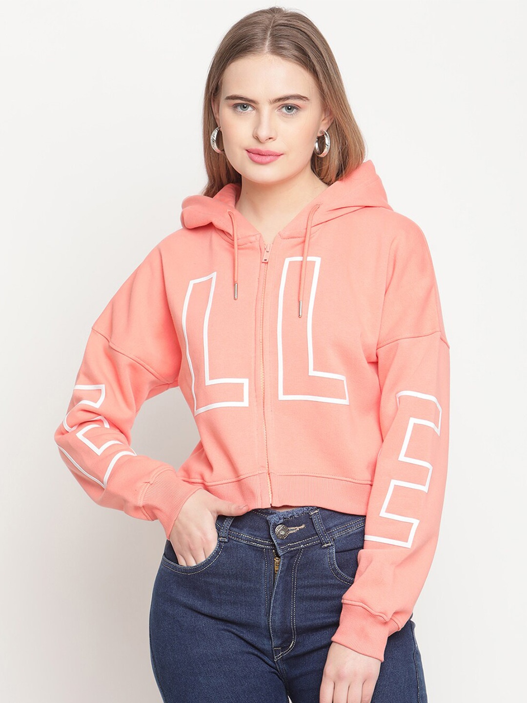 

ELLE Women Peach-Coloured Printed Cotton Sweatshirt