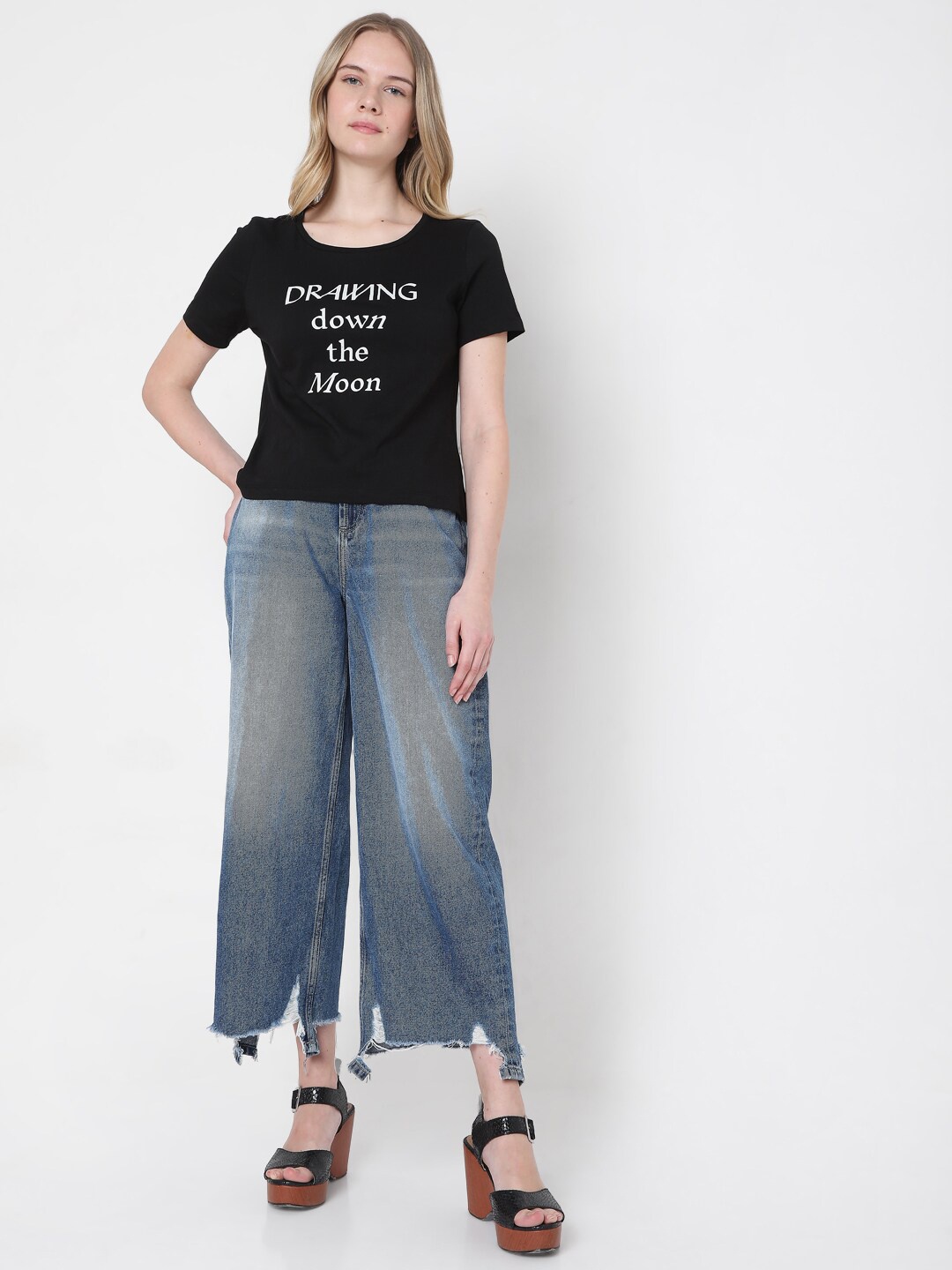 Vero Moda Women Black & White Typography Printed T-shirt