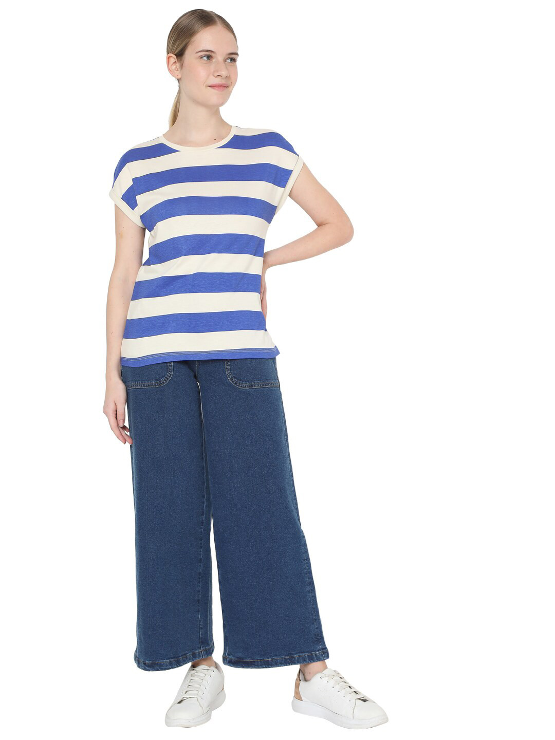 

Vero Moda Women Cream-Coloured Striped Pockets T-shirt