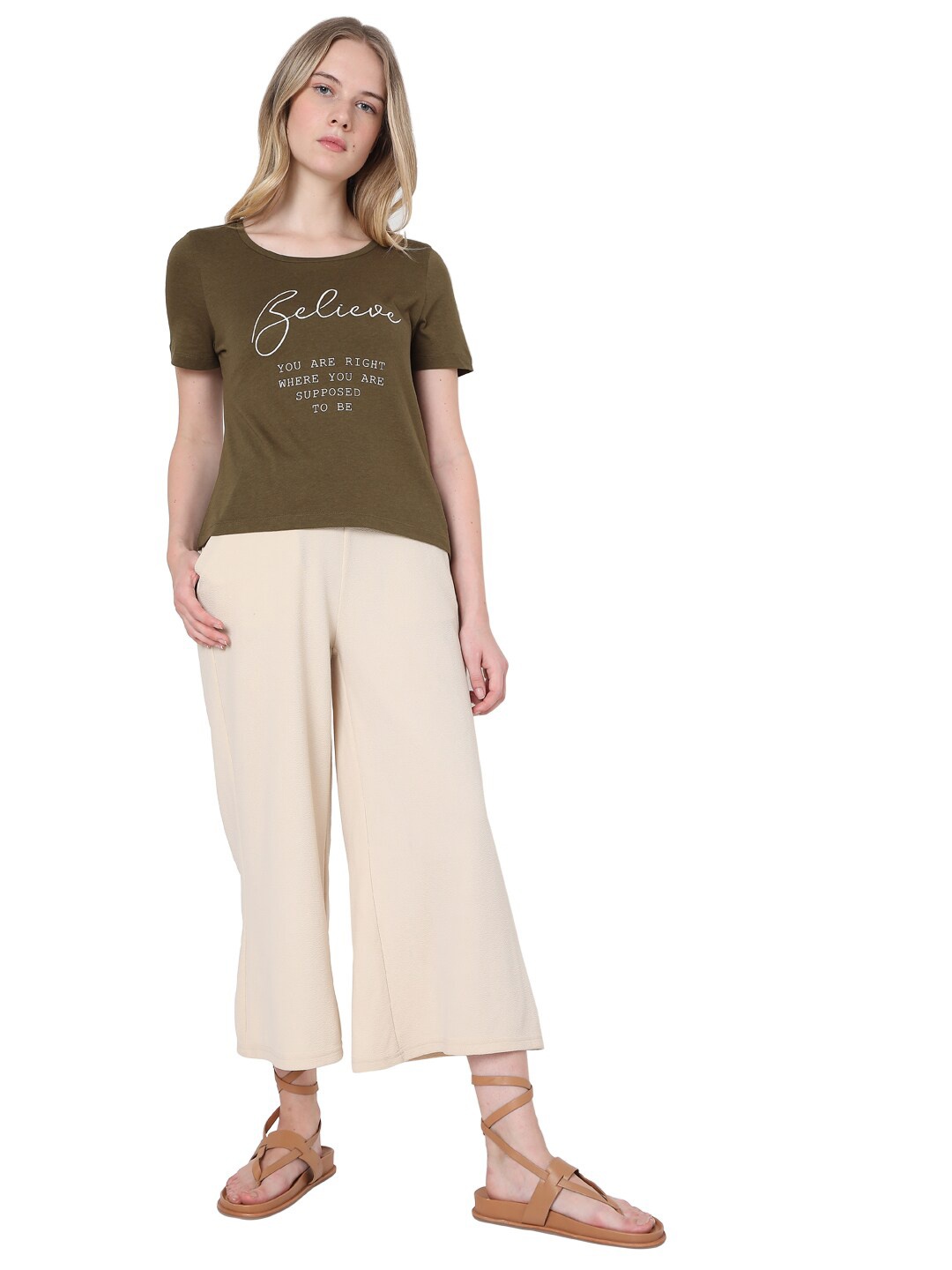 

Vero Moda Women Olive Green Typography Printed Slim Fit T-shirt