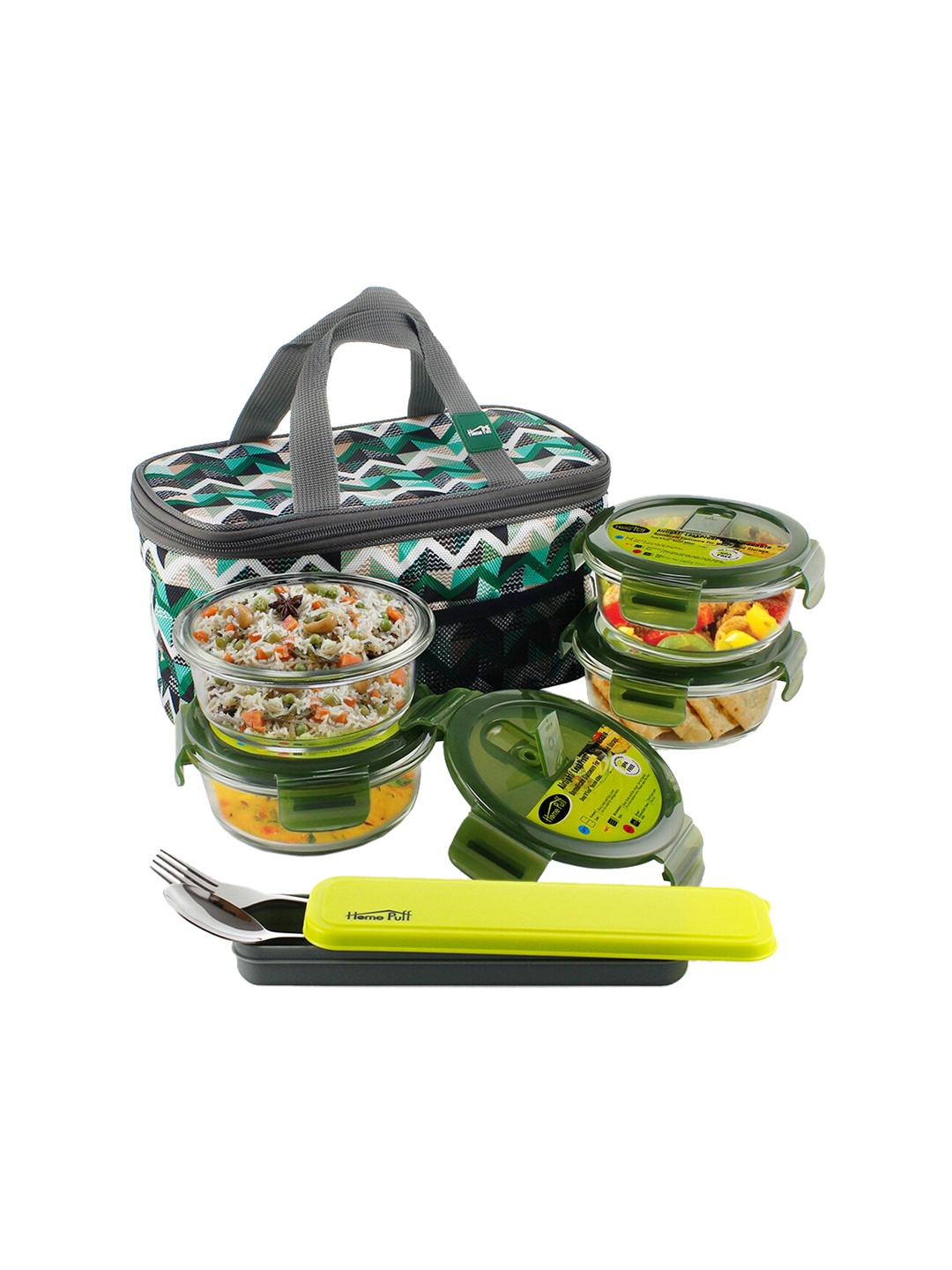 

Home Puff Set Of 4 Green Lunch Box With Spoon 1.6 L