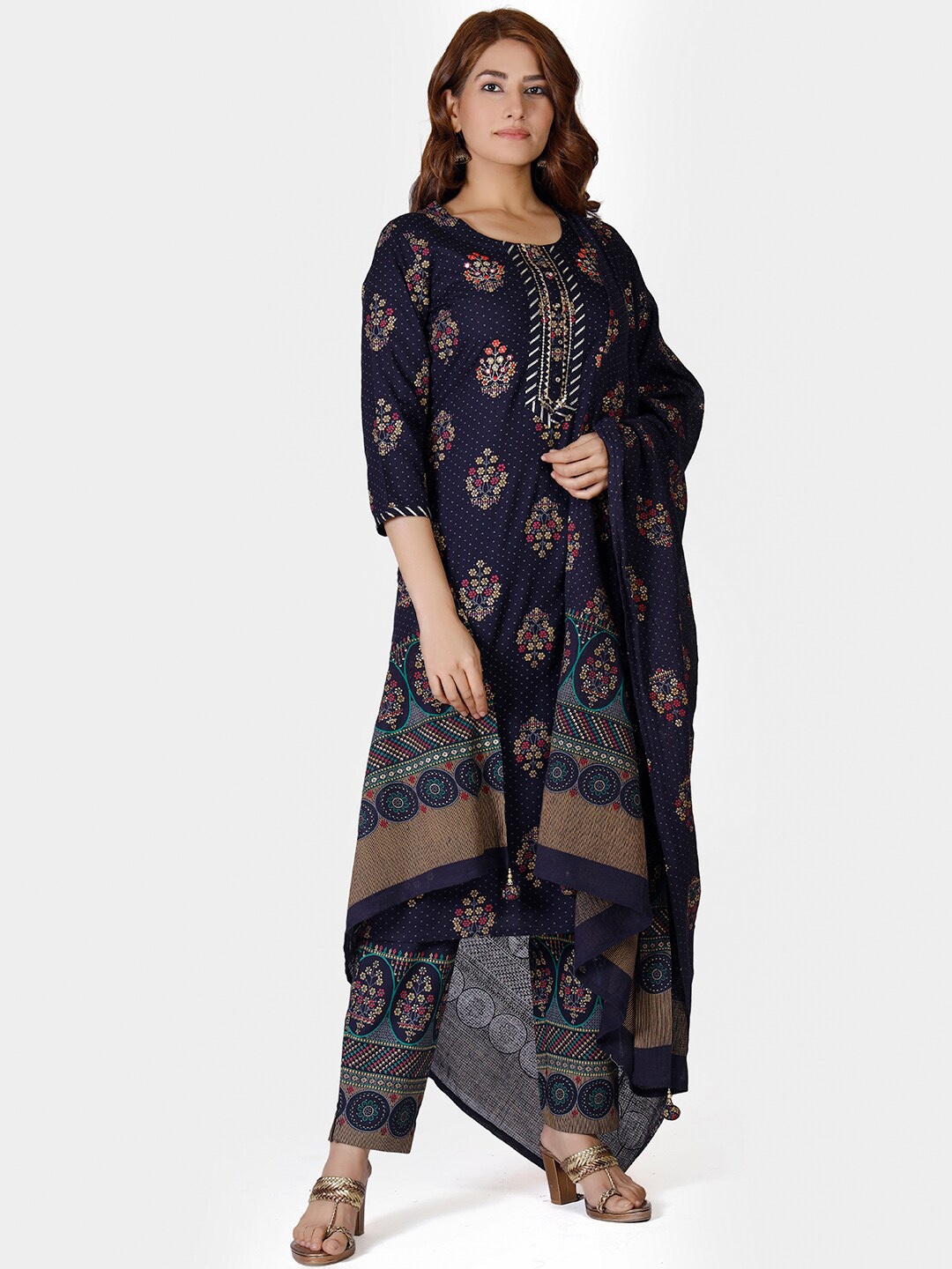 

Do Dhaage Women Navy Blue Ethnic Motifs Embroidered Kurta with Trouser & Dupatta