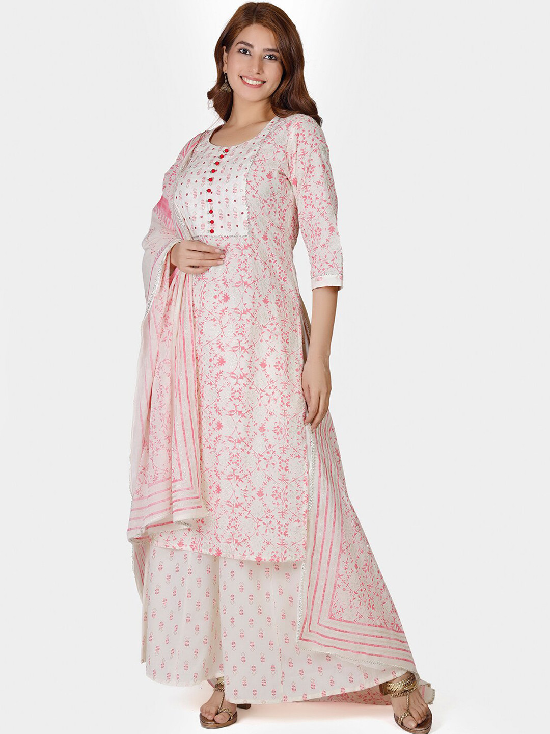 

Do Dhaage Women White Floral Printed Mirror Work Pure Cotton Kurta with Palazzos & With Dupatta