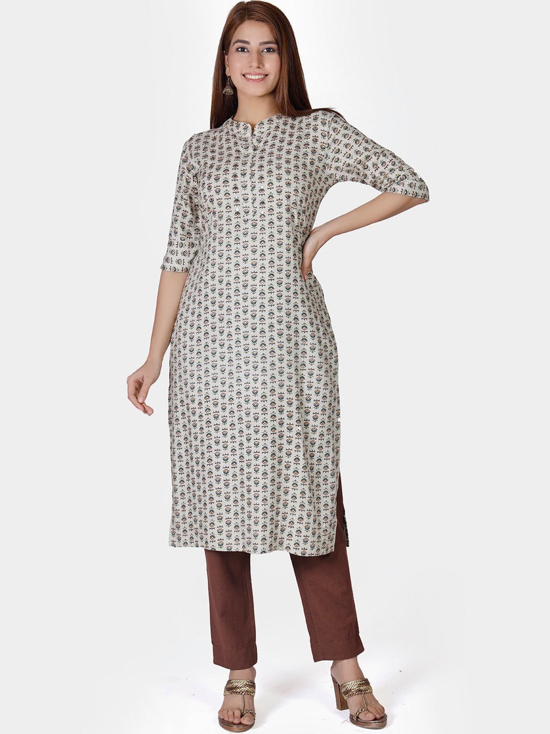 

Do Dhaage Women Cream-Coloured & Brown Ethnic Motifs Printed Kurta with Trousers