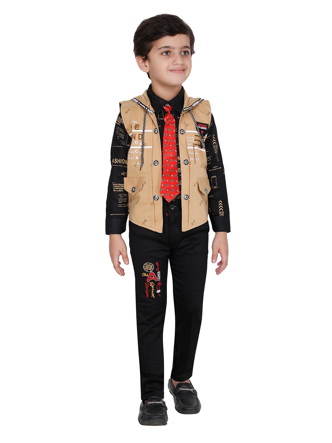 

FOURFOLDS Boys Beige Self Design 3 Piece Co-Ords