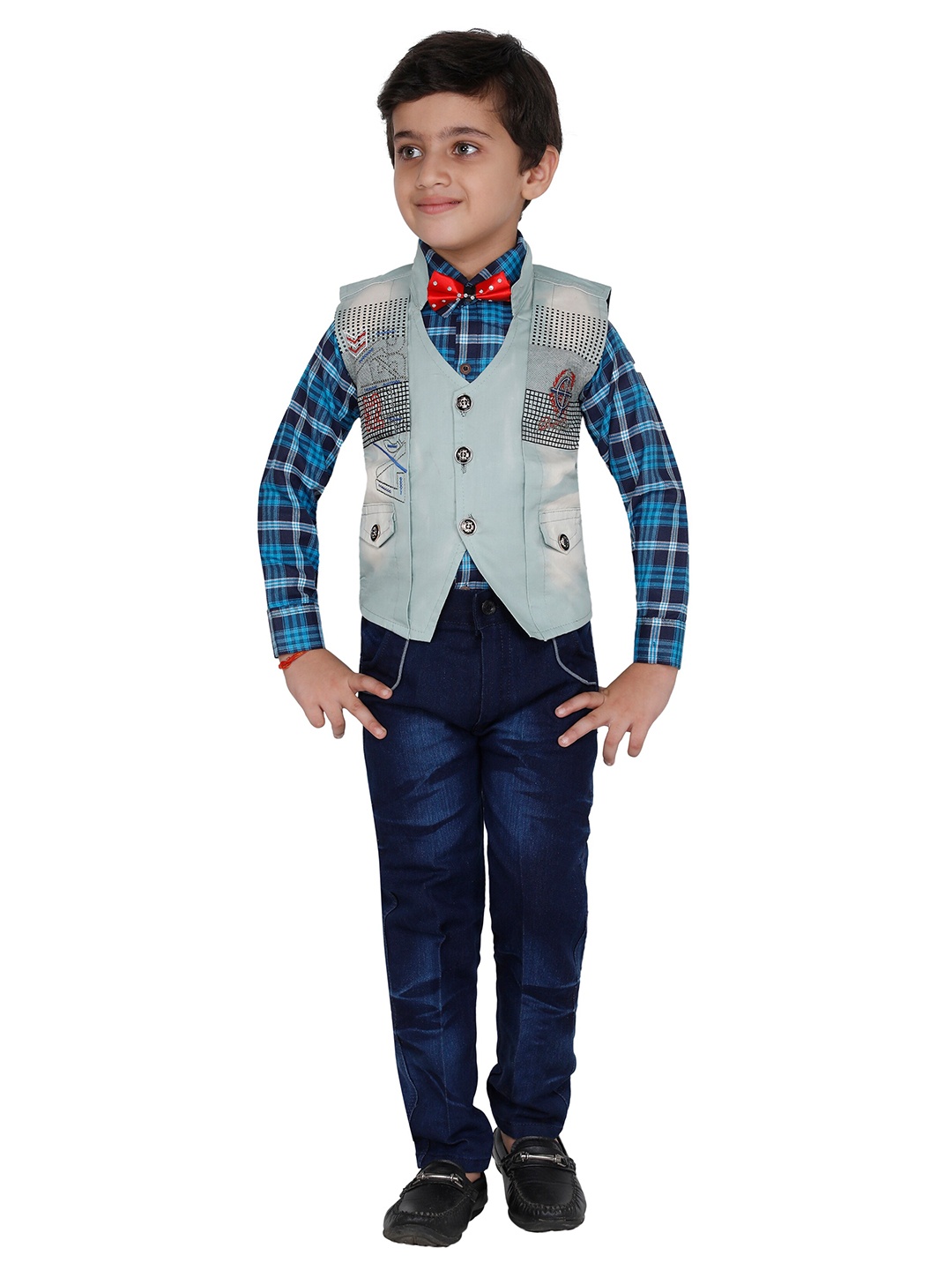 

FOURFOLDS Boys Grey & Blue Checked Shirt with Trousers & Waistcoat
