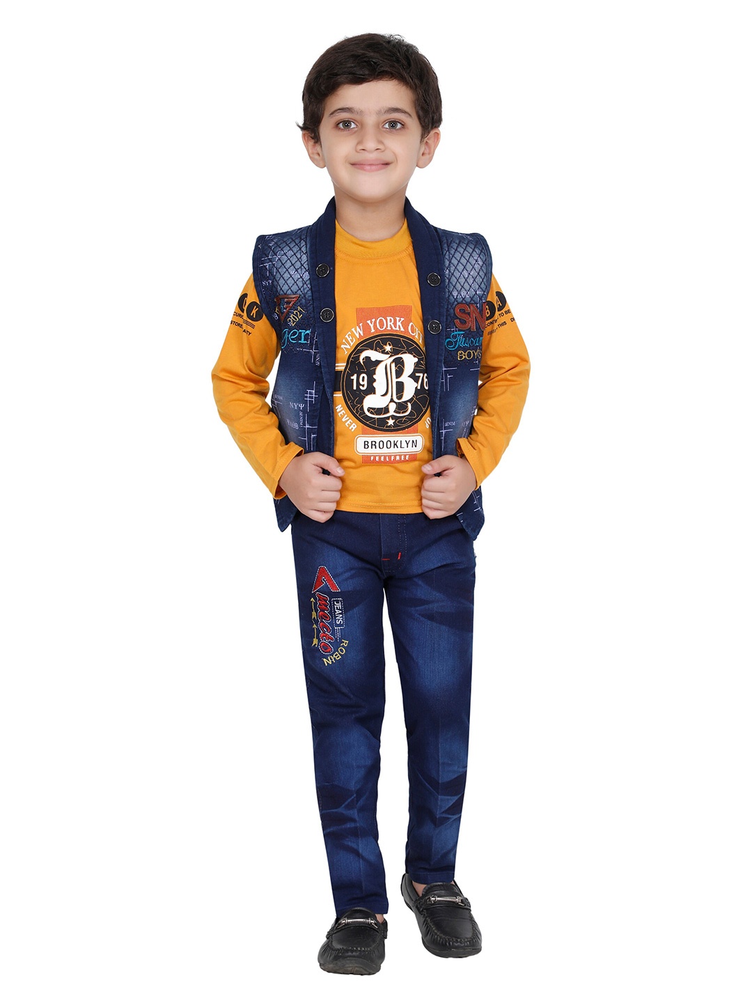

FOURFOLDS Boys Mustard Yellow & Blue Printed T-shirt with Jeans & Jacket