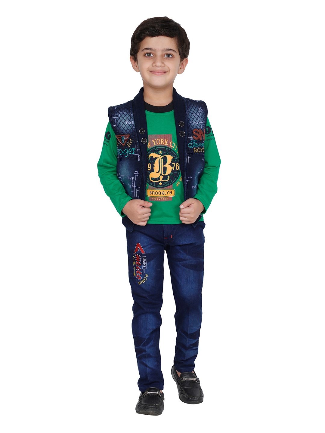 

FOURFOLDS Boys Green & Blue Printed T-shirt with Trousers & Jacket