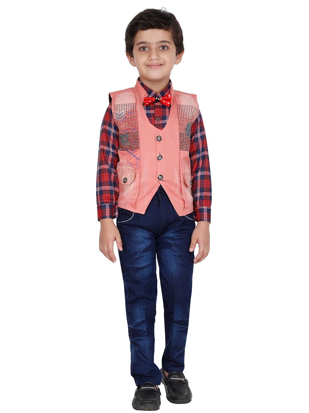 

FOURFOLDS Boys Pink & Blue Checked Shirt & Trouser With Waistcoat