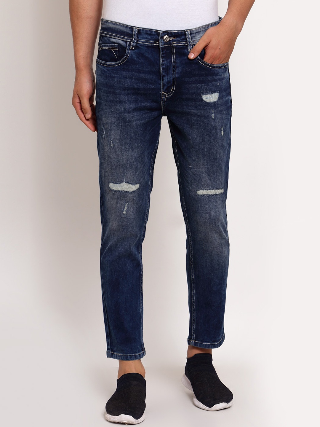 

FEVER Men Navy Blue Slim Fit Mildly Distressed Light Fade Stretchable Jeans